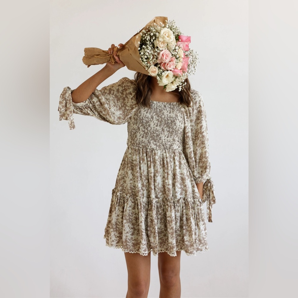 Smocked Square-Neck Floral Dress in Beige